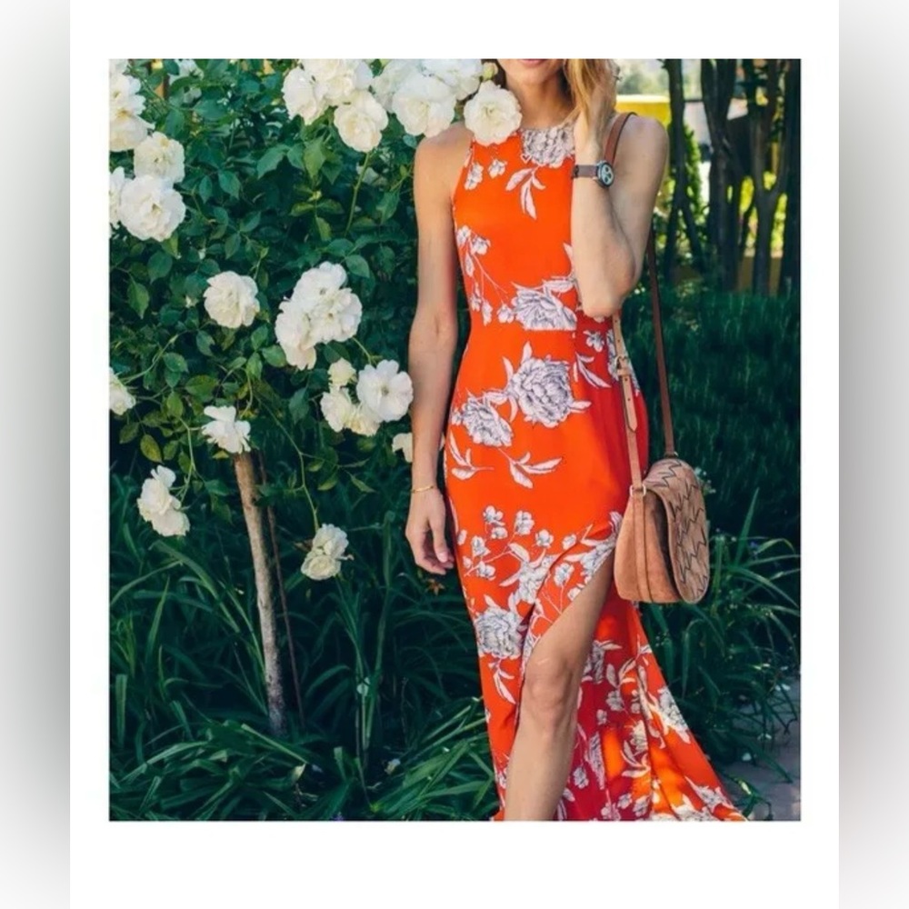 Yumi Kim XS Red Silk Dress Chelsea Floral Maxi w/Slit Racerback / Crew-neck